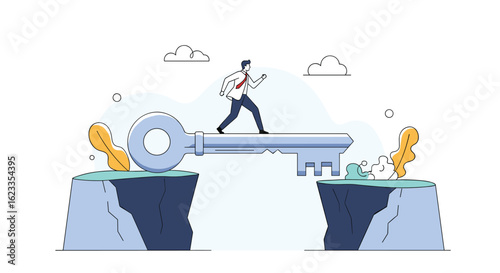 Businessman successfully crosses chasm using giant key as a bridge towards financial success and opportunity