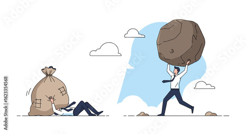 Financial burden crushes one person while another man lifts a heavy boulder symbolizing debt or financial responsibility