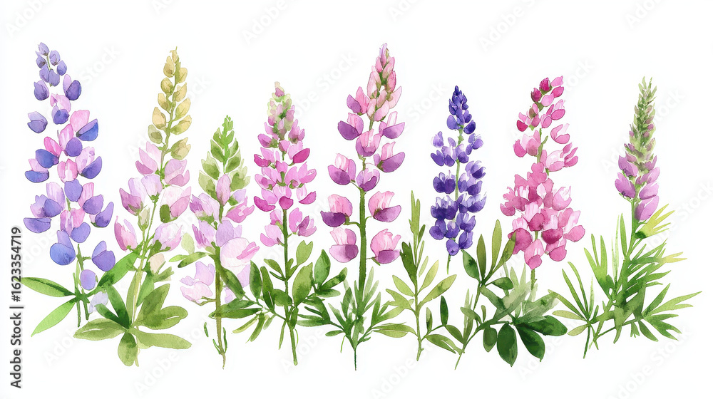 Fototapeta premium Beautiful watercolor botanical illustration of colorful lupine flowers various shades, showcasing nature beauty and vibrancy