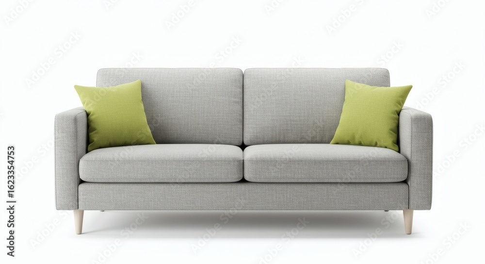 Fototapeta premium Cozy Gray Couch with Green Pillows with Minimalist Home Decor on White.