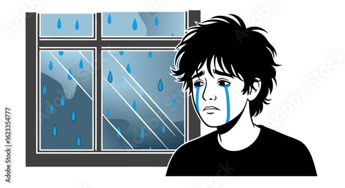 Melancholic mood: A sorrowful boy watching rain falling outside the window expressing his inner feelings and vulnerability with teardrops streaming