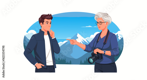 A photographer explains shot composition to a model amidst a scenic mountain landscape in a cartoon-style illustration