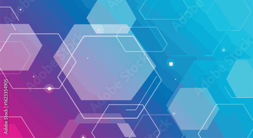 Geometric network pattern featuring translucent hexagons and glowing particles on a gradient background representing technology and connectivity