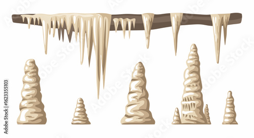 Illustrative Cave Formations Displaying Stalactites Hanging Above and Stalagmites Rising from the Ground Depicting Subterranean Geological Wonders