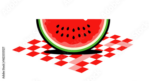 Vibrant watermelon slice resting on a red and white checkered blanket creating summer vibes and a refreshing atmosphere