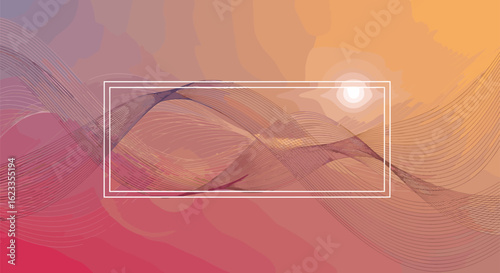 Abstract digital art landscape featuring wavy mountainous terrain under a gradient sky with sunburst effect