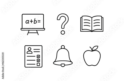simple outline stroke icon items monoline icons style isolated on white background substitute teacher (symbols): chalkboard question mark open book attendance sheet classroom bell icon