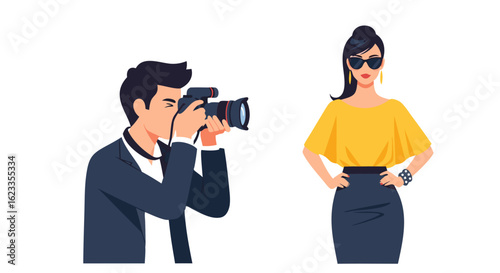 Professional photography session: a model poses for a photographer in a studio environment capturing portrait and fashion elements for advertising