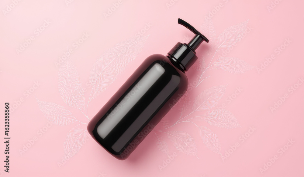 Fototapeta premium close up top view of black pump bottle on pink background