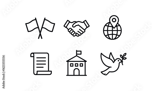 simple outline stroke icon items monoline icons style isolated on white background foreign ambassador (symbols): flag pair handshake globe pin document scroll embassy icon peace dove
