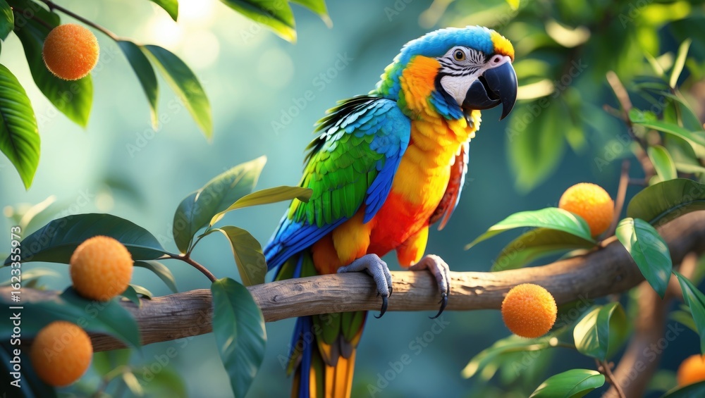 Obraz premium Colorful parrot on a branch with green leaves and orange fruits in the background.
