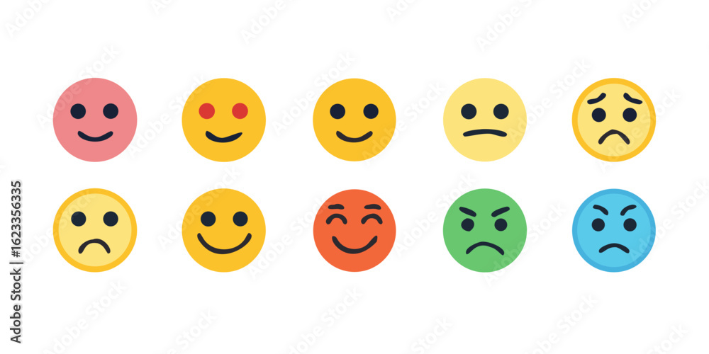Obraz premium Emoticons icons set. Emoji faces collection. Emojis flat style. Happy happy, smile, neutral, sad and angry emoji. Line smiley face - stock vector
