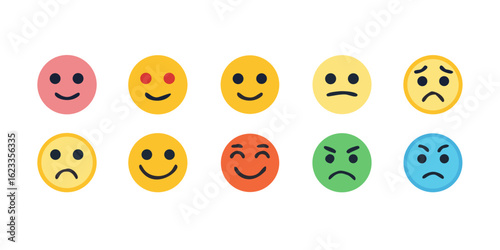 Emoticons icons set. Emoji faces collection. Emojis flat style. Happy happy, smile, neutral, sad and angry emoji. Line smiley face - stock vector