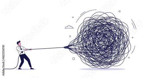 A determined businessman pulls a rope attached to a massive tangled knot of lines representing chaos and complexity