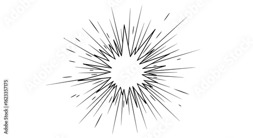 Abstract radiating lines create a sense of explosive energy and dynamic movement outward from a central point on a white background creating a bright starburst effect
