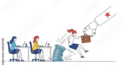 Illustrating the chaotic and overwhelming nature of data overload in a modern office setting leading to employee stress and disruption