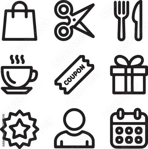 Vector art of collection of shopping and retail icons isolated on white background.