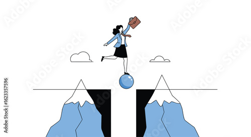 Businesswoman bravely leaps across a perilous chasm on a floating sphere aiming for success and achievement