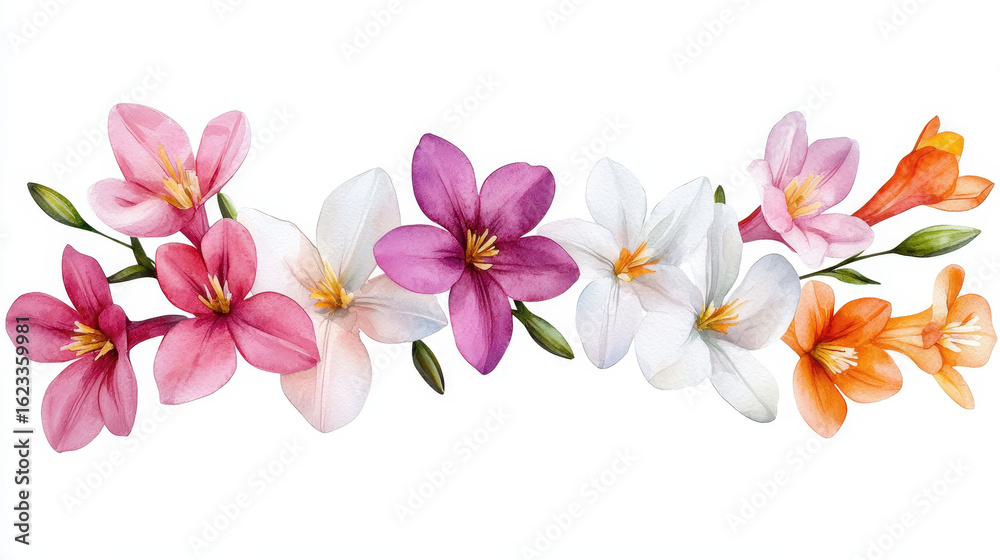 Obraz premium Beautiful watercolor botanical illustration featuring various colorful flowers, showcasing their delicate petals and vibrant