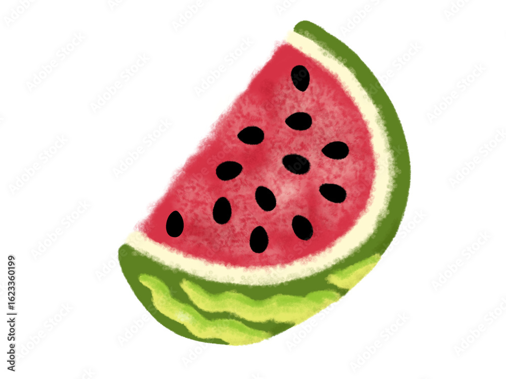 Illustrated watermelon slice with black seeds and green rind Illustrated watermelon slice with black seeds and green rind