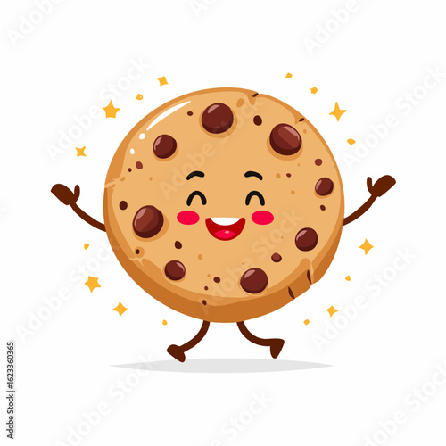 A cheerful chocolate chip cookie character, a happy dessert mascot with a cute smiling face, isolated vector illustration