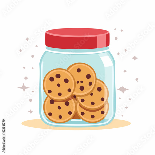 A charming cartoon illustration of a glass cookie jar filled with delicious chocolate chip cookies, a classic sweet treat for snacking.