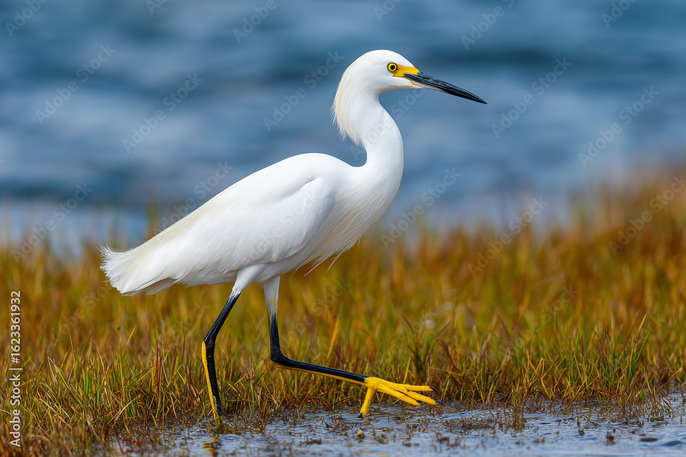 Obraz premium Snowy Egret with bright yellow feet hunting fish