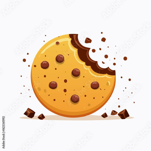 Vector illustration of a delicious chocolate chip cookie with a bite taken out and crumbs scattered on a white background.