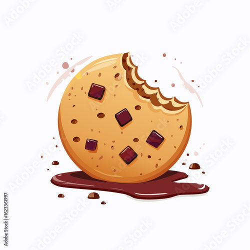 Delicious cartoon chocolate chip cookie with a bite taken out, sitting in a pool of melted chocolate, isolated illustration