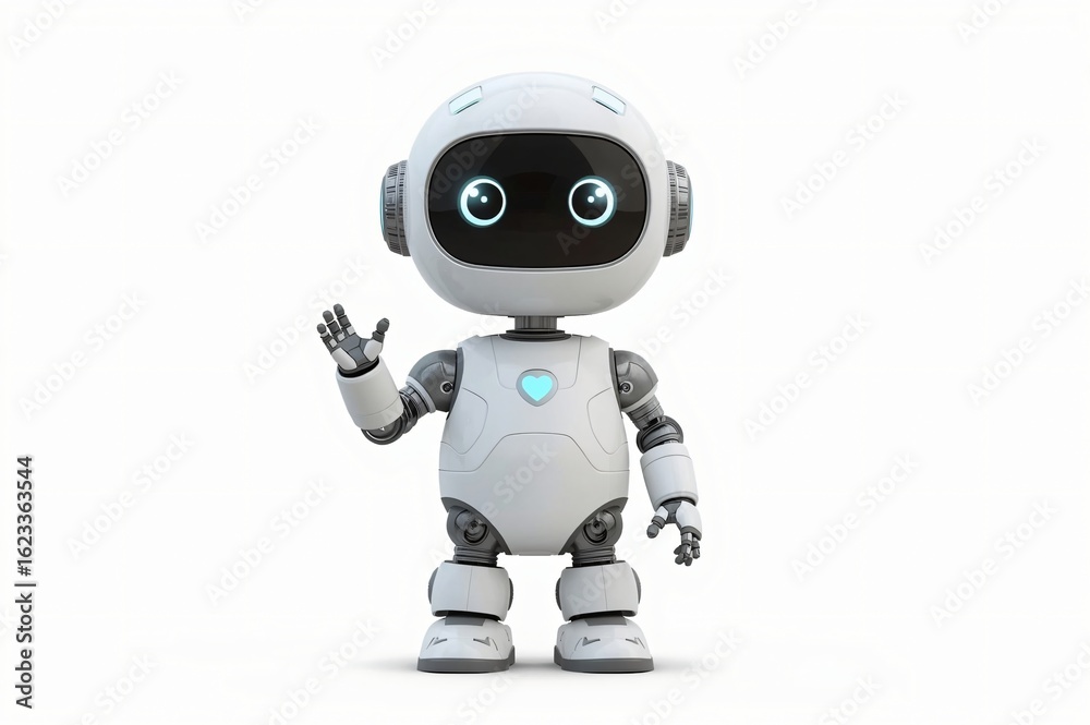 Friendly robot waving, white background, AI, tech Friendly robot waving, white background, AI, tech