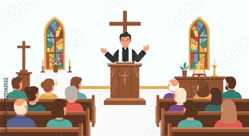 Illustration of a Church Service with a Preacher and Congregation in Peaceful Worship 56 characters, maximum 100 characters