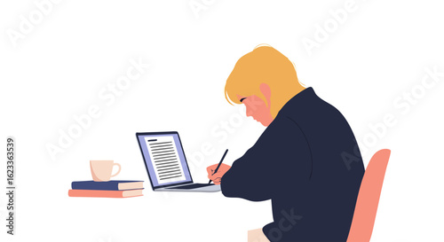 Focused Student Working Diligently on Laptop With Books and Coffee at Desk, Studying hard at home