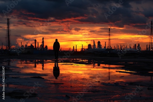 graphic human form juxtaposed with fiery factory horizon  
