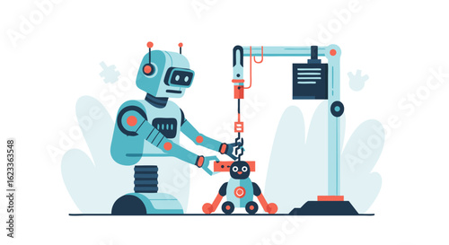 Automated Assembly Line: A Robot Constructing Another Robot with Machine Precision and Modern Vector Graphics, Flat Illustration Depicting