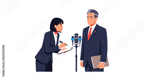 Political Interview Scene: Journalist Questioning Statesman for News Coverage Broadcast, Illustrated Professionally