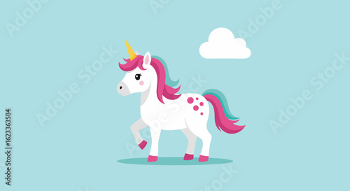 Enchanting Unicorn Illustration: A Pastel Dream in a Whimsical Sky, Cartoon Horse Graphic with Golden Horn and Colorful Mane  and Tail