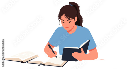 Concentrated Woman Studying and Writing in a Notebook for Educational Purposes Depicts Focus and Dedication Representing the Act of Learning