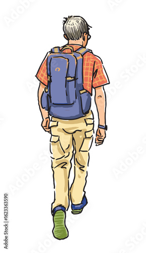 One man tourist with backpack striding outdoors on summer day, back view, realistic hand drawing, vector illustration, white background