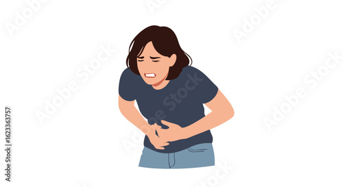 Woman experiencing abdominal distress, clutching stomach in discomfort, conveying feelings of illness and agony with a pained expression