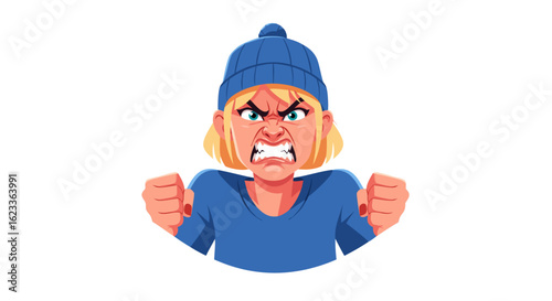 Furious Cartoon Character Expressing Anger and Frustration Wearing a Blue Beanie Hat Showing clenched Fists and an Aggressive Expression
