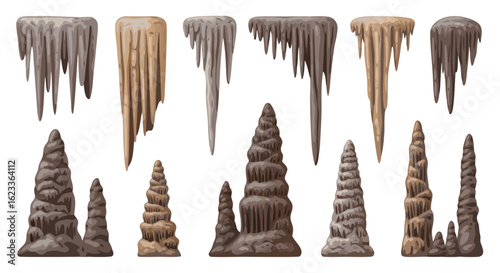 Collection of Cave Formations: Stalactites and Stalagmites in Varied Earth Tones and Textures Depicting Geological Features