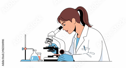 Focused female scientist examining sample through a microscope in a laboratory environment and working on scientific research and medical advancements