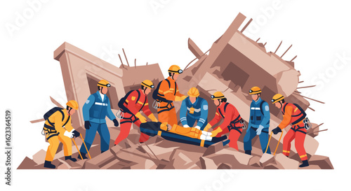 Rescue Workers Extracting Injured Person from Collapsed Structure After an Earthquake Emergency Scene Depiction