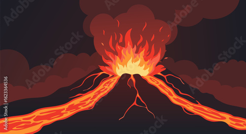 Cartoon Illustration of an Erupting Volcano Spewing Lava and Ash Clouds into the Dark Sky Backdrop
