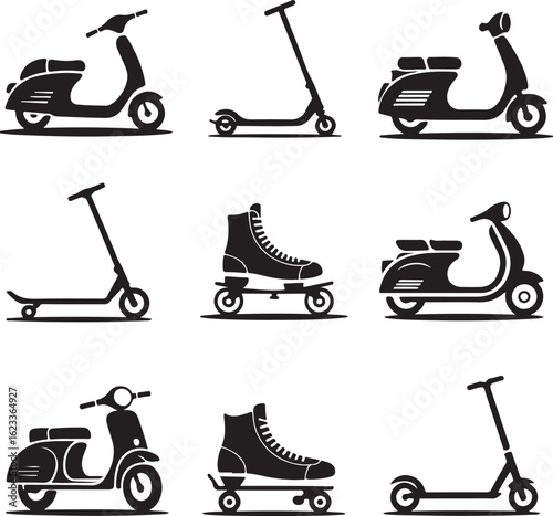 Black silhouette icons of scooters and roller skates