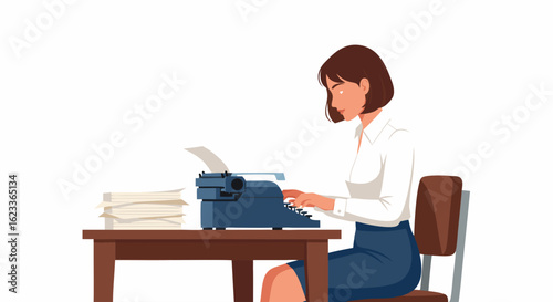 Focused female author diligently working on a vintage typewriter in a bright office setting creating stories