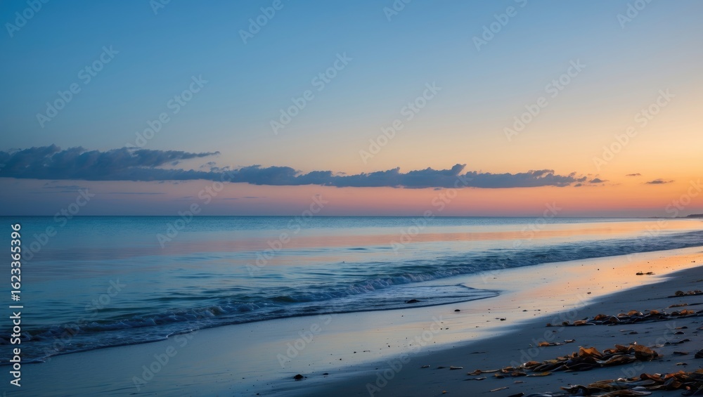 Fototapeta premium Serene beach scene at sunset with calm ocean waters and a clear sky over the sandy shore. Beautiful coastal landscape during twilight.