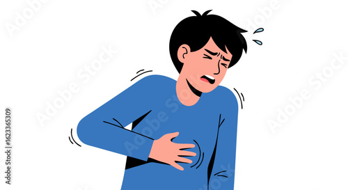 Cartoon illustration of a young man experiencing intense chest pain and discomfort, possibly due to a heart problem or gastrointestinal issue