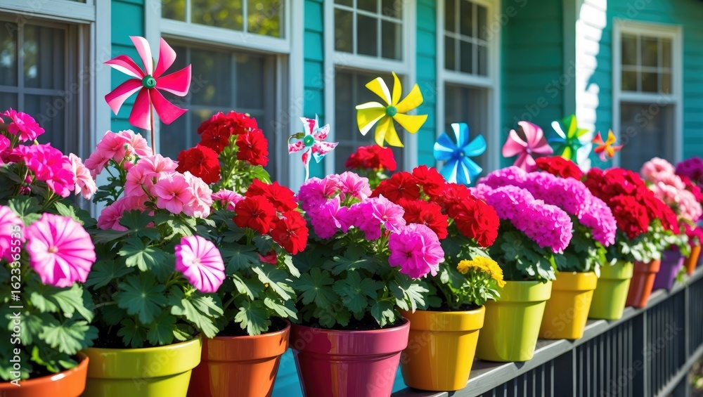 Fototapeta premium Colorful flower pots with pink, red, yellow, green, blue, and purple flowers and wind turbines on a balcony. Bright outdoor setting with a house in the background.