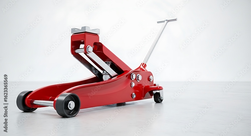 Naklejka premium Professional red hydraulic car jack isolated on a white background for automotive service and vehicle maintenance.